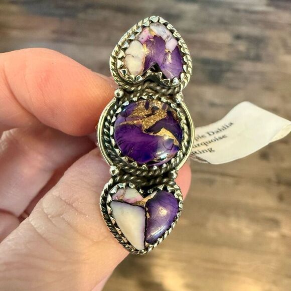Southwestern Purple Copper Dahlia Turquoise Boho Statement Ring Sterling Silver - Picture 1 of 6